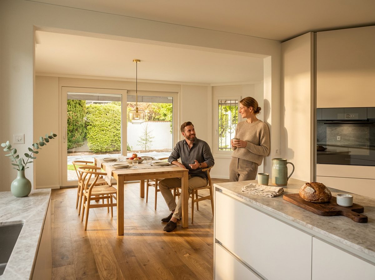 Visualisierung Langnau: Küche mit Steinabdeckung, offen zum Essbereich mit Blick in den Garten